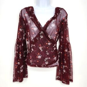 Bongo Womens‎ Faux Wrap Top Size M Oxblood Floral Sheer Whimsigoth Dark Romantic